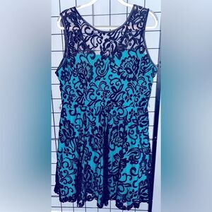 Sally USA plus size teal dress with black lace overlay EUC